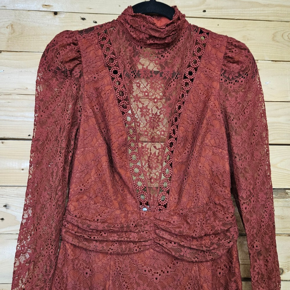 Saylor Celia Russet Lace Mock Neck Mini Dress Long Sleeve Puff Shoulder XS - Picture 3 of 10